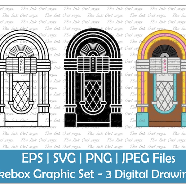 Jukebox Music Player Vektor Clipart Set / Umriss & Stempel Zeichnung Illustrationen / Vintage Retro / PNG, JPG, SVG, Eps