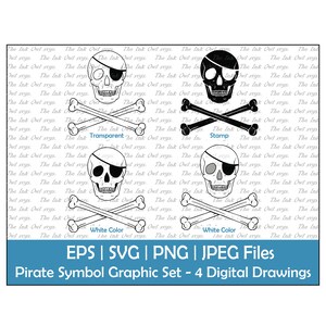 Piraten Symbol Vektor Clipart / Skull & Crossbones Umriss, Silhouette Stempel und Farbgrafik / PNG, JPG, SVG, Eps