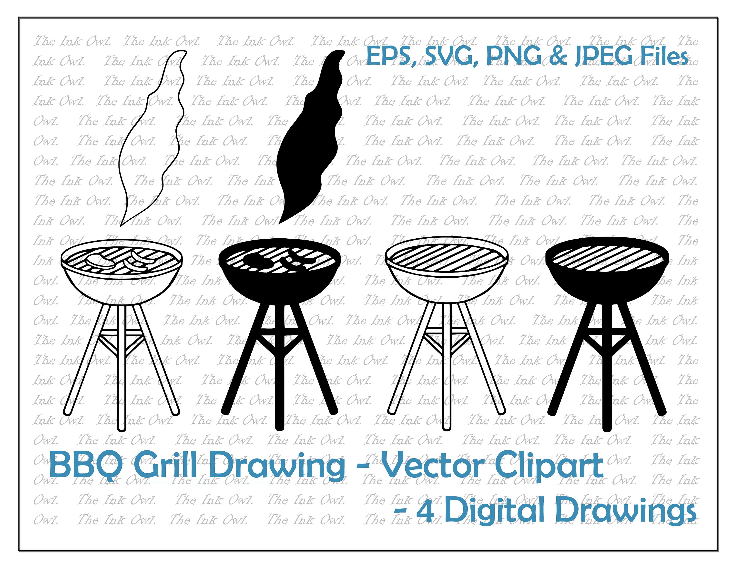 Charcoal Barbecue Grill With Food Vector Set Outline -