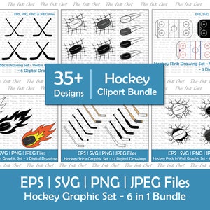 Hockey Vector Clipart Bundle / Outline, Silhouette & Color Graphics/ Hockey Stick, Goalie, Puck, Rink / Winter Sports / Png, Jpg, Svg, Eps