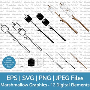 Marshmallows am Stiel Clipart / Umriss & Stempelzeichnung / Camping Grafiken / PNG, JPG, SVG, Eps