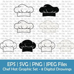Pode incluir: Um conjunto de oito desenhos digitais de chapéus de chef em preto, branco e cinza. Os chapéus estão em vários estilos e orientações. O texto "EPS | SVG | PNG | JPEG Files" e "Chef Hat Graphic Set - 8 Digital Drawings" está na parte inferior da imagem.