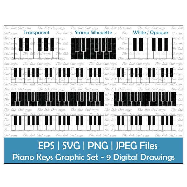 Piano Keys Vector Clipart Set / Outline, Stamp Silhouette & Color Illustration Graphics / Music / PNG, JPG, SVG, Eps