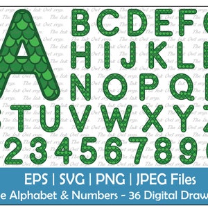 May include: Green alphabet and numbers with a scale pattern. The letters and numbers are outlined in black. The letters are uppercase and the numbers are in a standard font. The image includes the text "EPS | SVG | PNG | JPEG Files" and "Scale Alphabet & Numbers - 36 Digital Drawings".