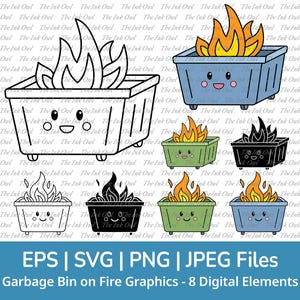 Peut inclure: Ensemble de graphiques numériques représentant huit poubelles de dessins animés en feu. Les poubelles sont de différentes couleurs, dont le noir et blanc, le vert et le bleu, avec des flammes orange, jaunes et noires. Le texte "EPS | SVG | PNG | JPEG Files" est inclus.