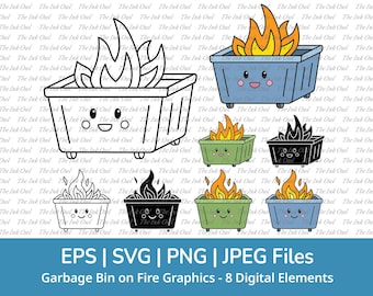 Dumpster Fire Clipart / Outline, Silhouette Stamp, Color Graphic / Funny Kawaii Cute Graphic / Garbage Bin Burning / Png, Jpg, Svg, Eps