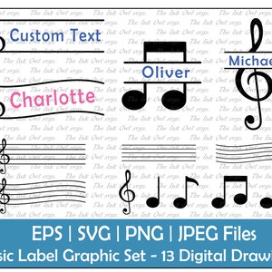 Muziek Notitie Naam Label Vector Clipart / Outline & Stempel Graphics / Template Leraren / Bar, Treble Clef / Sublimatie / PNG, JPG, SVG, Eps