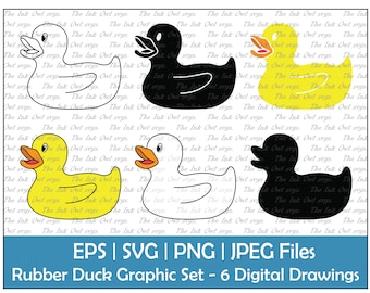 Rubber Duck Bath Toy Vector Clipart / Outline, Silhouette Stamp & Color Drawing Graphic / Sublimation / PNG, JPG, SVG, Eps
