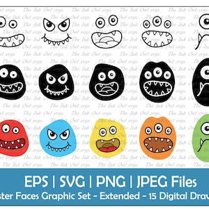 Monster Gesichter Vektor Clipart Set / Umriss, Stempel & Farbzeichnung Grafik / Süßer Cartoon für Kinder / PNG, JPG, SVG, Eps