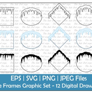 May include: A set of 12 digital drawings of icicle frames in various shapes, including squares, circles, and diamonds. The frames are outlined in black and filled with either black or light blue icicles.