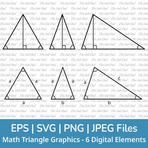 Conjunto de imágenes prediseñadas vectoriales de tipos de triángulos matemáticos / Diagramas de ángulos isósceles, equiláteros y escalenos / Educativo / PNG, JPG, SVG, EPS