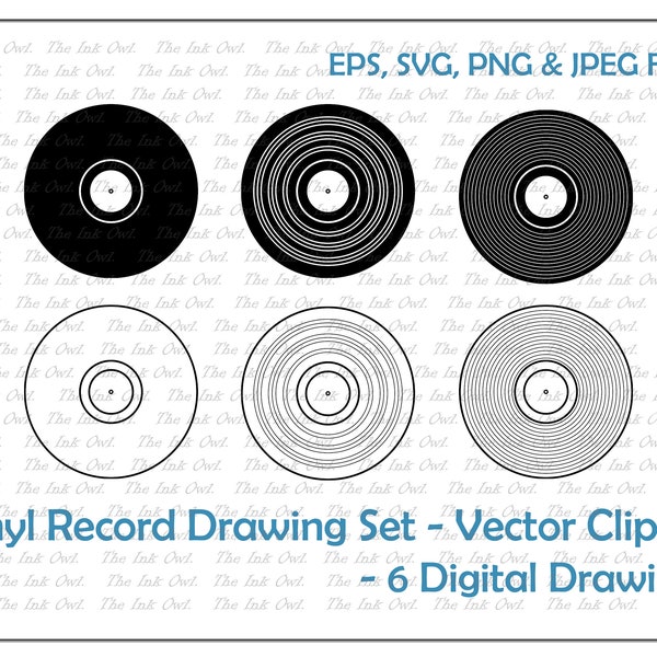 Vinyl Record Vector Clipart Set / Outline & Stamp Drawing Illustrations / Vintage Music / PNG, JPG, SVG, Eps