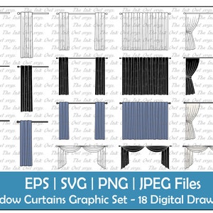 Fenstervorhang oder Drapes Vektor Clipart Set / Umriss, Stempel und Farbzeichnung Grafiken / Offen, Geschlossen / Kommerzielle Nutzung / PNG, JPG, SVG, Eps