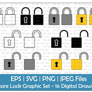 Quadratische Lock Vektor Clipart / Outline & Stempel Zeichnung Grafik / Open and Closed Security / PNG, JPG, SVG, Eps