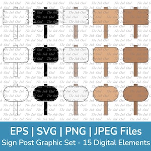 Blanco houten bord en post clipart set/overzicht, stempel silhouetten & kleur/cartoon houten plank bewegwijzering grafische sjabloon/Png, Eps, Jpg, Svg