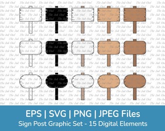 May include: A set of 15 digital sign post graphics in various styles. The signs are in black, white, brown, and beige. Some signs are rectangular, while others are oval. The signs are perfect for adding a rustic touch to your designs.