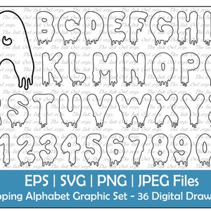 May include: A set of 36 digital drawings of a dripping alphabet and numbers. The letters and numbers are outlined in black and have a dripping effect, as if the ink is running down the page.