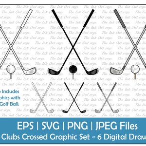 Conjunto de imágenes prediseñadas de palos de golf cruzados con pelota de golf / Gráfico de contorno, sello y color / Deportes de verano / PNG, JPG, SVG, EPS