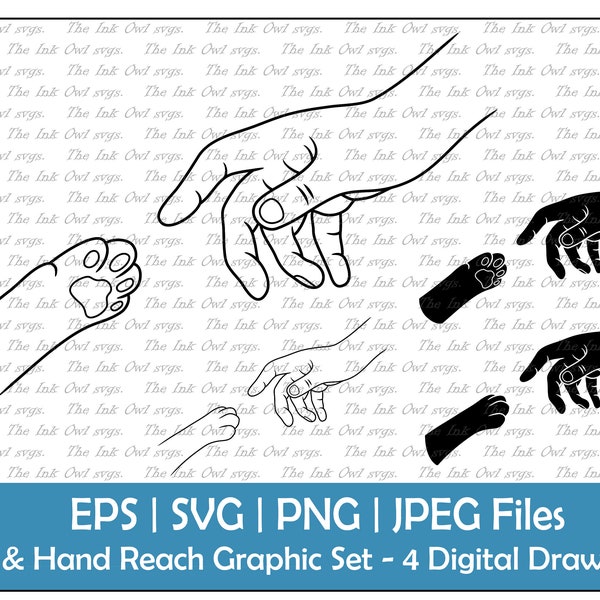 Cat Paw and Hand Reaching Clipart Set / Contour & Silhouette Stamp Drawing Graphic / Touch / Sublimation / PNG, JPG, SVG, Eps