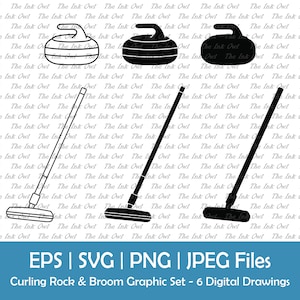 Curling Rocks or Stones & Broom Vector Clipart / Outline and Silhouette Stamp Illustration Graphics / Winter Sports / Svg, Png, Jpg, Eps