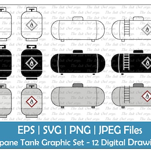 May include: A set of 12 digital drawings of propane tanks in various styles. The tanks are black, gray, and white with different warning labels and details. The drawings are in EPS, SVG, PNG, and JPEG formats.