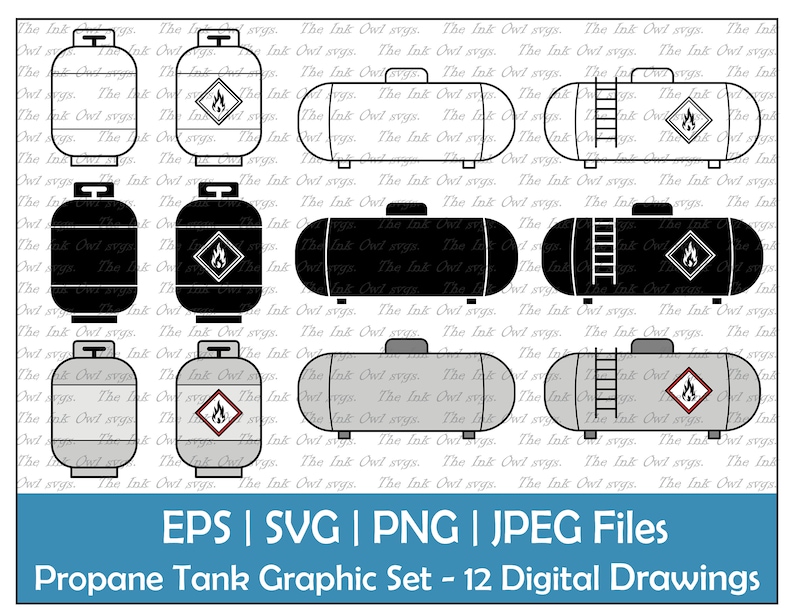 May include: A set of 12 digital drawings of propane tanks in various styles. The tanks are black, gray, and white with different warning labels and details. The drawings are in EPS, SVG, PNG, and JPEG formats.