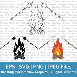Marshmallows and Campfire Svg Vector Clipart Bundle / Outline & Silhouette Drawing Graphic / Smore Camping Bonfire Food / Png, Svg, Jpg, Eps