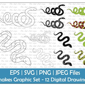 Conjunto de clipart de cobra / contorno, carimbo de silhueta e gráfico de desenho colorido / réptil / sublimação / Python, coral, verde / PNG, JPG, SVG, Eps