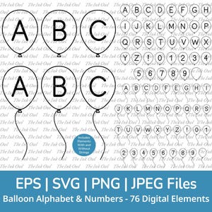 Balloon Letter Alphabet and Numbers Vector Clipart / Transparent Outline Graphic Illustrations / Birthday Shower Banner / Png, Svg, Eps, Jpg