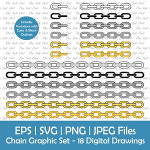 Eslabones de cadena recta Clipart / Contorno, Silueta, Ilustración gráfica en color / Elementos decorativos / Plata y oro / Svg, Png, Eps, Jpg