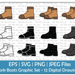 Bottes de travail Steel Toe Vector Clipart Set / Contour, Silhouette Stamp & Color Graphics / Construction Safety Equipment / PNG, JPG, SVG, Eps