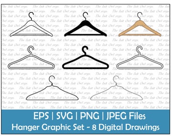 Clothing Hanger Vector Clipart Set / Outline & Stamp Drawing Illustrations / Closet / PNG, JPG, SVG, Eps