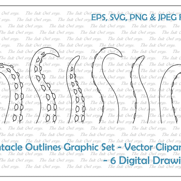 Tentacle Vector Clipart Set / Outline Graphic / Octopus and Squid Arm / PNG, JPG, SVG, Eps
