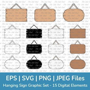 Conjunto de imágenes prediseñadas vectoriales de letreros de madera colgantes en blanco / Contorno, siluetas de sellos y color / Plantilla gráfica de señalización de tablones de madera / Png, Eps, Jpg, Svg