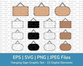 Blank Hanging Wood Sign Vector Clipart Set / Outline, Stamp Silhouettes & Color / Wood Plank Signage Graphic Template / Png, Eps, Jpg, Svg
