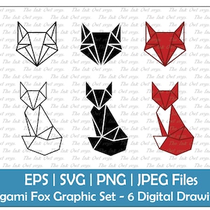 Origami Fox i Twarz Wektor Clipart / Kontur, Pieczątka i Kolorowa Grafika Rysunkowa / PNG, JPG, SVG, Eps