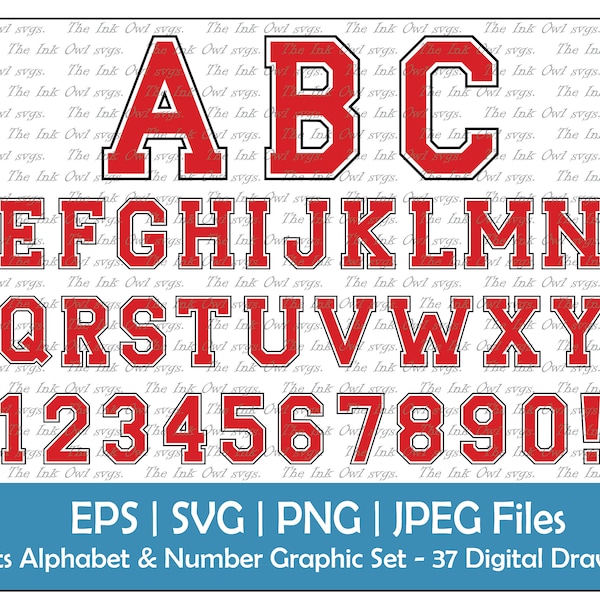 Red Sports or Academic Alphabet Letters & Numbers Clipart / College Style Graphic Text Font / Sublimation / ABC 123 / Png, Jpg, Svg, Eps