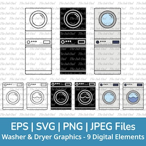 Lavadora y secadora SVG Vector Clipart / Contorno, silueta de sello y gráficos a color / Electrodoméstico de lavandería / Png, Svg, Jpg, Eps