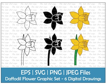 Daffodil Flower Vector Clipart Set / Outline, Stamp and Color Graphic / Yellow spring birth flower for March  / PNG, JPG, SVG, Eps