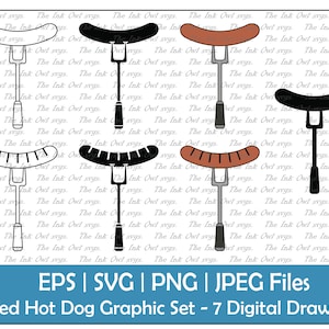 BBQ Gegrillter Hot Dog Vektor Clipart Set / Umriss, Silhouette Stempel & Farbgrafiken / Essen / Sublimation / PNG, jpg, SVG, Eps