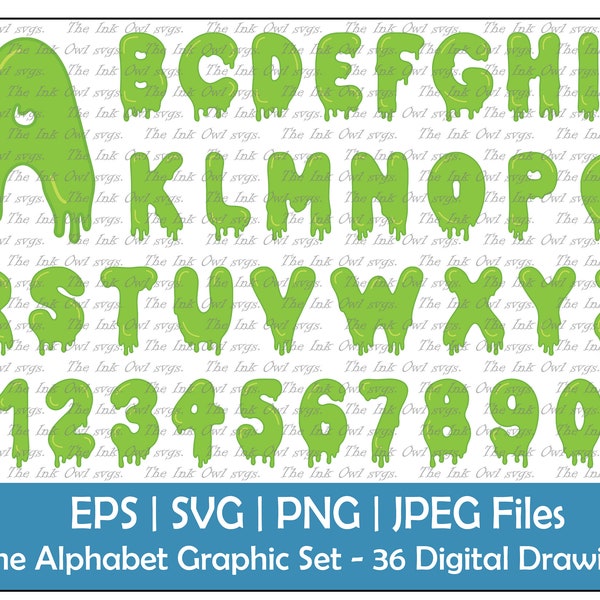 Slime Drip Letter Alphabet and Numbers Vector Clipart Set / Text Graphics / Liquid Goo / Sublimation / PNG, JPG, svg, Eps