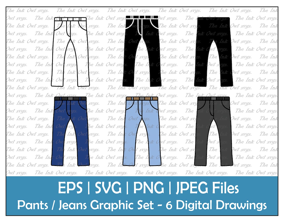 Pants or Jeans Vector Clipart / Outline, Silhouette Stamp & Color Graphic Illustrations