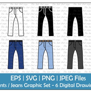 Pants or Jeans Vector Clipart / Outline, Silhouette Stamp & Color Graphic Illustrations / Clothing / Sublimation / PNG, JPG, SVG, Eps