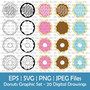 Donut Vector Clipart Set / Contour, silhouette et graphiques en couleur / Dessert gourmand / Fraise et chocolat / Svg, Png, Eps, Jpg