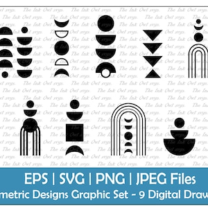 Conjunto de imágenes prediseñadas vectoriales de formas geométricas bohemias / Gráfico de contorno y sello / Abstracto moderno / PNG, JPG, SVG, Eps