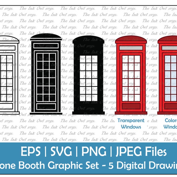 British Phone Booth Vector Clipart Set / Outline, Silhouette Stamp & Color Drawing Illustrations / PNG, JPG, SVG, Eps
