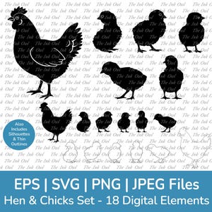 Clipart vectoriels silhouettes poule et poussins / Contours fins et timbres graphiques / Poulets d'animaux de la ferme / Png, Svg, Eps, Jpg
