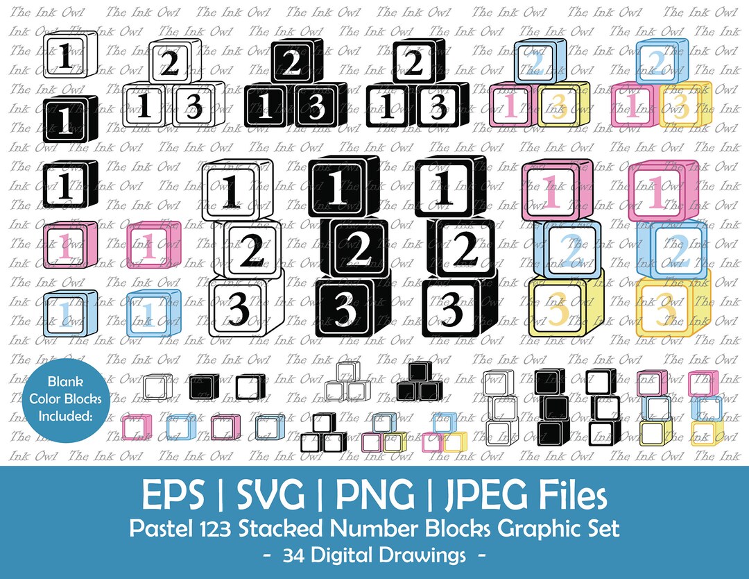 Pastel 123 Number Blocks Vector Clipart Set / Outline, Silhouette ...