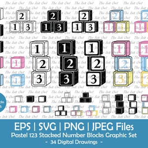 May include: A set of 34 digital drawings of stacked number blocks in various colors, including black, white, pink, blue, yellow, and light blue. The blocks are arranged in different configurations, with some stacks featuring the numbers 1, 2, and 3.