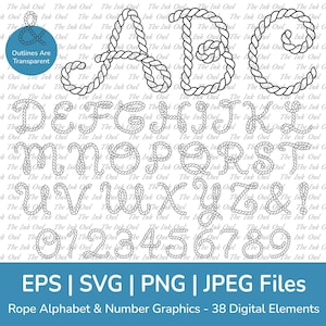 Letras de corda, alfabeto e número, vetor clipart / banner de texto de contorno transparente / ABC 123 / casamento náutico / png, jpg, eps, svg